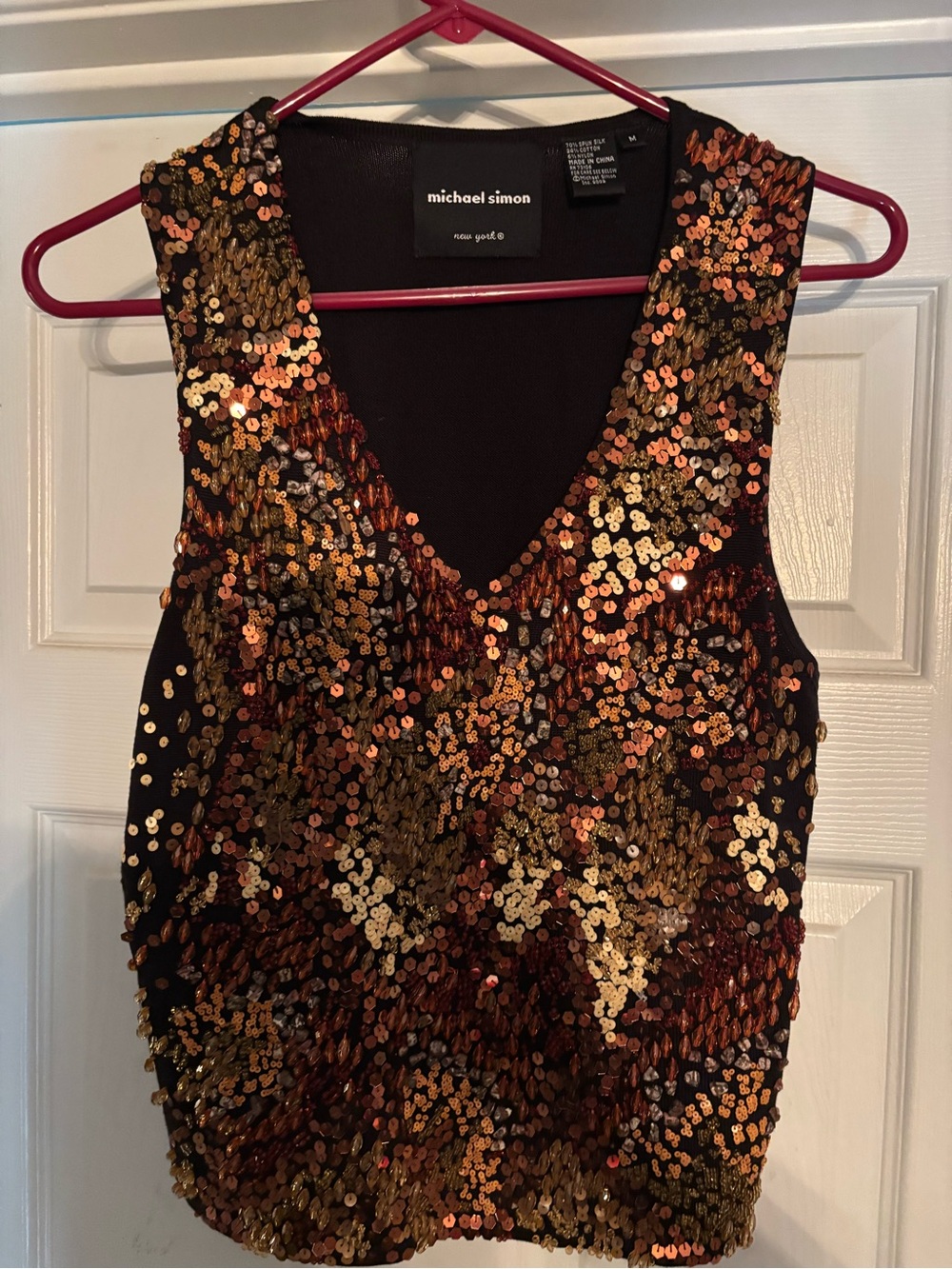Michael Simon Black V-Neck Sequin Tank with Gold & Bronze Sequins